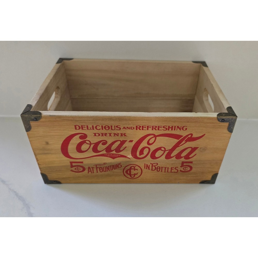 Coca-Cola Vintage Style Wooden Storage Crate with Metal Corners and Handles